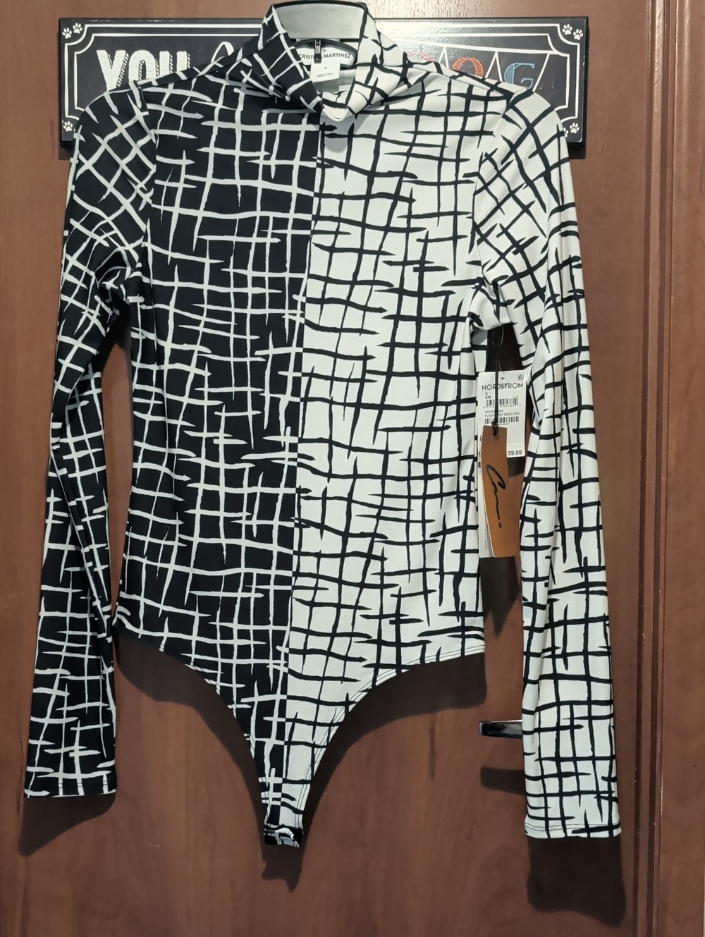 Nordstrom By Christina Martinez Black and White Grid-Print Long-Sleeve Bodysuit
